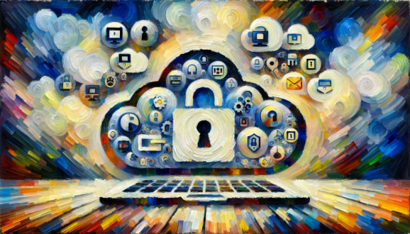 Abstract impressionist style image of a cloud filled with padlocks above a computer keyboard