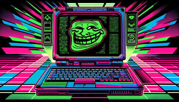 A green trollface displayed on a neon pink, blue and green laptop in a cyberpunk office.