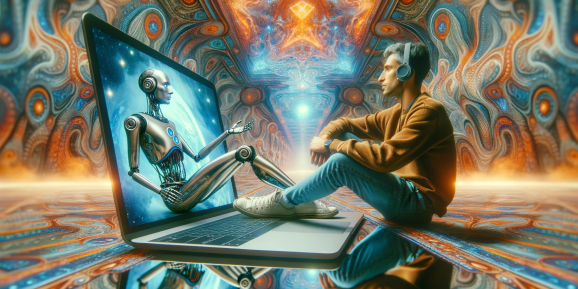 A masculine presenting figure with gray hair in an orangey brown sweater and blue jeans sits on the floor wearing headphones facing a giant laptop from which a humanoid silver robot also sits in the screen. They are surrounded by psychedelic wallpaper and reflective flooring.