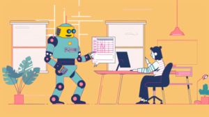 A turquoise robot carries a spreadsheet to an office worker in an AI generated simple drawing